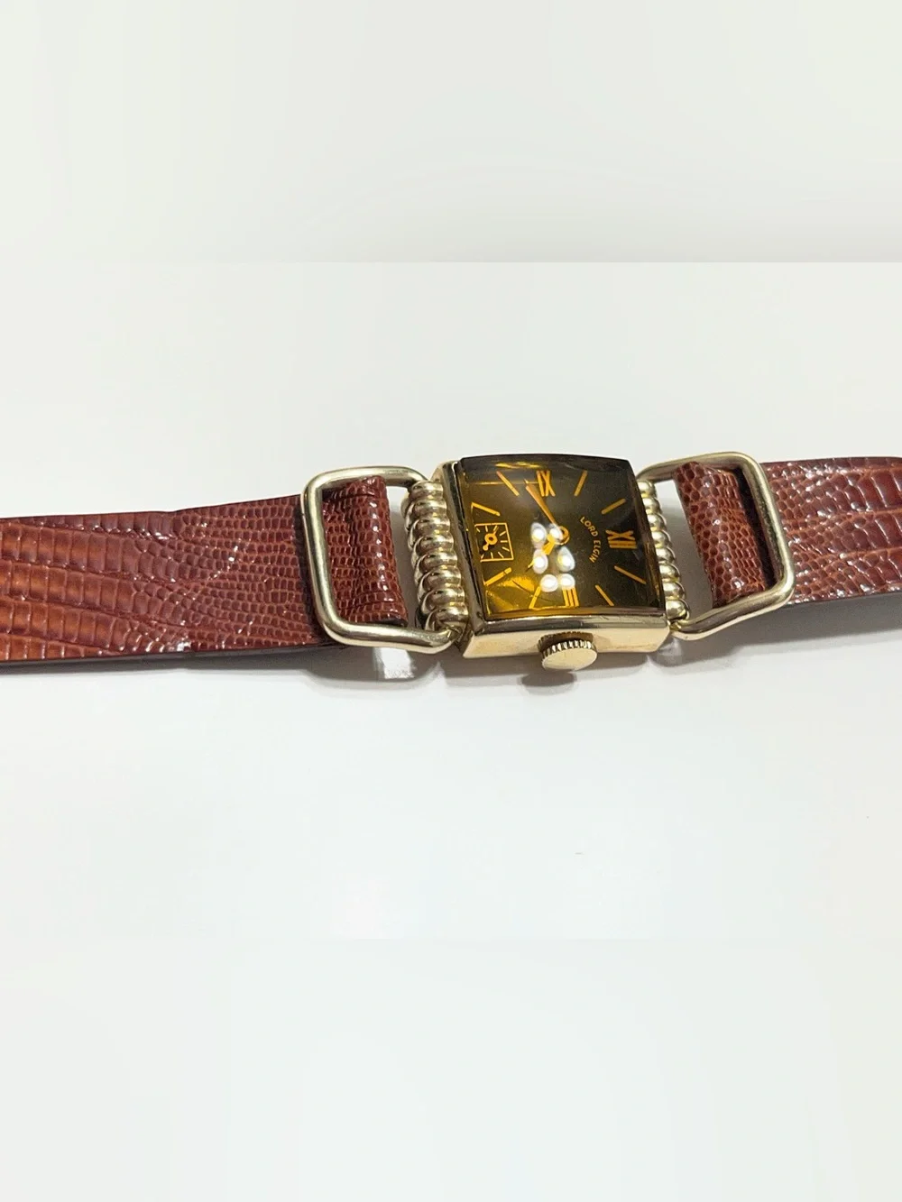 Lord Elgin Black and Gold Watch with Brown Leather Strap